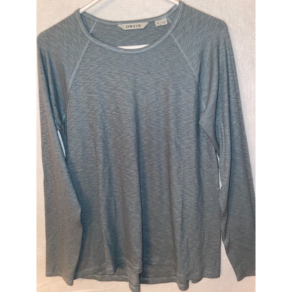 Orvis womens S crew neck gray blue ribbed long sleeve Top Pullover easy care